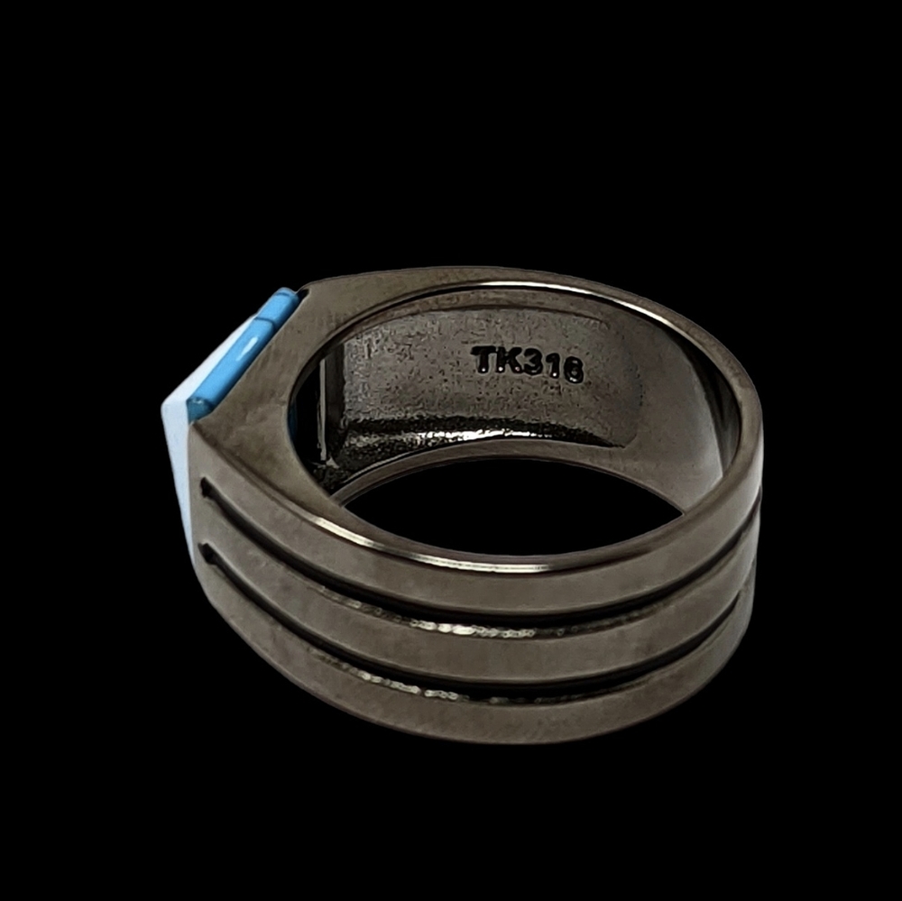 New stainless steel men's geometric blue and gunmetal modern ring - Picture 2 of 3